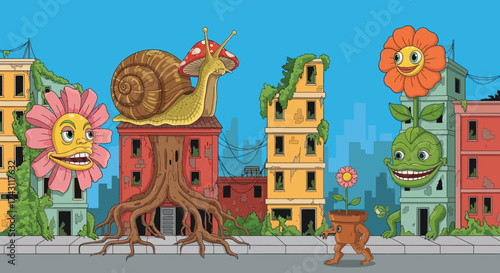 Surreal Cityscape with Animated Plants and Giant Snail.