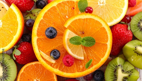 Assorted sliced fruits including oranges, kiwi, berries and mint