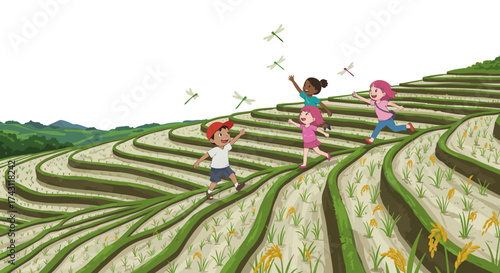 Four kids chase dragonflies on a terraced farm field under a bright sky