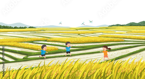 Kids run in a paddy field with dragonflies above mountains in the background