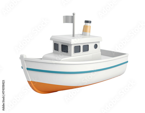 A small, white cartoon boat with a cabin, smokestack and flag, isolated