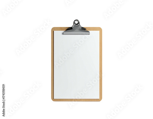 A wooden clipboard with a blank white paper on a black background