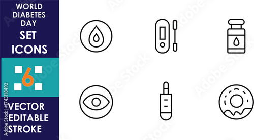 The image shows six minimalist vector icons related to World Diabetes Day, featuring symbols like glucose meters, insulin vials, and blood drops in a clean line-art style