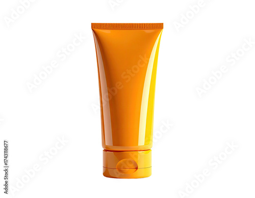 A tall, orange tube of sunscreen against a stark black background