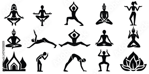 Diverse collection of stylized figures performing various yoga poses and meditative stances