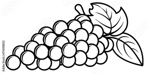 Simple black and white line art illustration of a bunch of grapes with leaves
