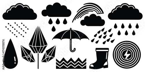 Black and white silhouette icons of weather elements and rain protection gear