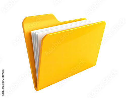 Bright yellow document folder filled with papers, rendered with glossy highlights