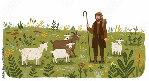 A shepherd stands in a field with goats holding a staff