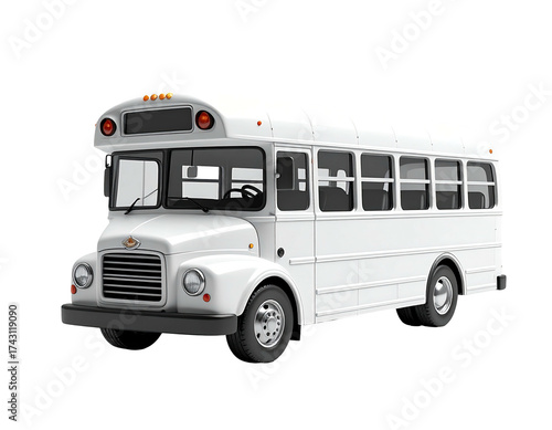 A pristine white transit vehicle with rounded front, side windows, and red top lights