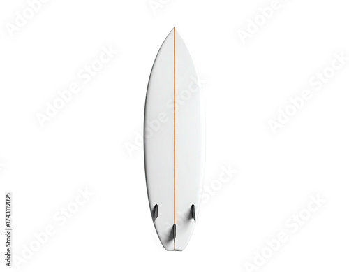 Isolated, white, three-finned surfboard stands vertically on a solid black background