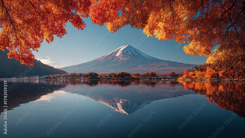 Fototapeta premium Mount Fuji in Autumn with Red Maple Leaves and Lake Reflection