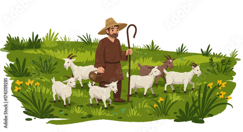 A shepherd holding a staff and bucket leads goats through a grassy field
