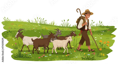 Shepherd walking with goats on a green field