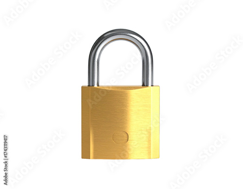 A metallic golden padlock, standing upright, isolated on a solid black background