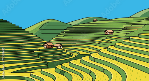 Terraced Rice Fields in Vietnam - A Landscape Illustration.