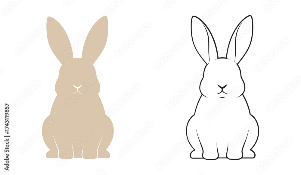 Fototapeta premium Two stylized rabbits one solid tan and one black outline on white background bunny animal
