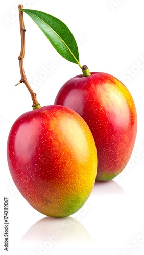 Two ripe mangos on branch
