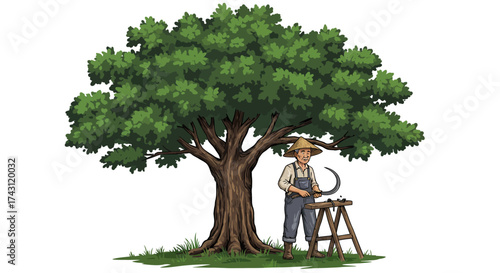 Farmer sharpening sickle by tree stool grass