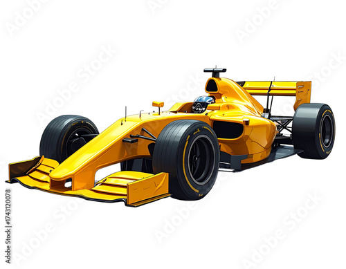  Bright Yellow Formula 1 Style Racing Car, Side View, Isolated on White Background