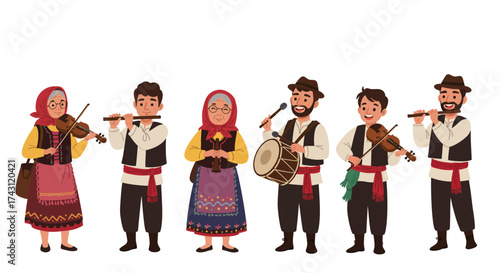 Six figures play musical instruments in traditional folk attire