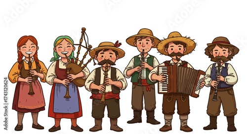 Cartoon folk musicians play instruments dressed in traditional clothing smiling