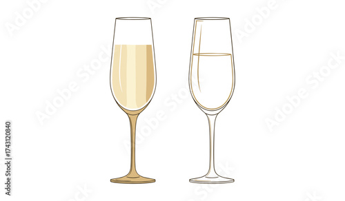 Two champagne flutes one filled with pale yellow liquid the other empty glass drink