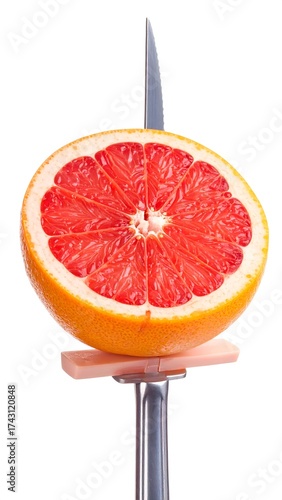 Grapefruit sliced on a knife