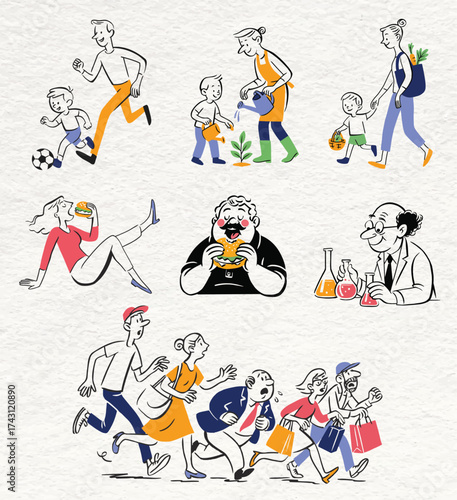 People Lifestyle and Daily Activities Illustration Set — vector of men, women, and children in everyday scenes like playing, shopping, and working.