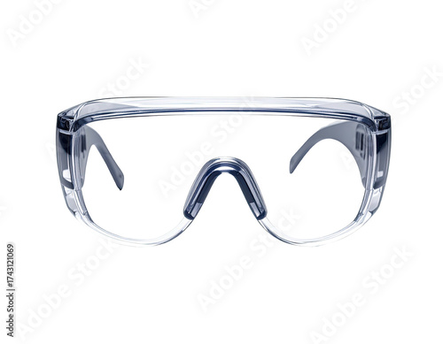 Clear protective eyewear with a curved, transparent design, isolated on black