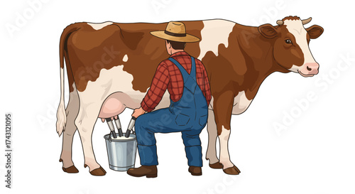 A farmer milks a brown and white cow into a silver pail wearing a hat overalls and a red plaid shirt
