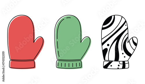 A set of three cartoon mittens one red one green and one black and white patterned winter clothing