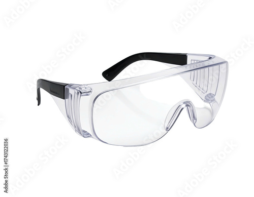 Clear protective eyewear with wraparound lens and black temple arms, isolated