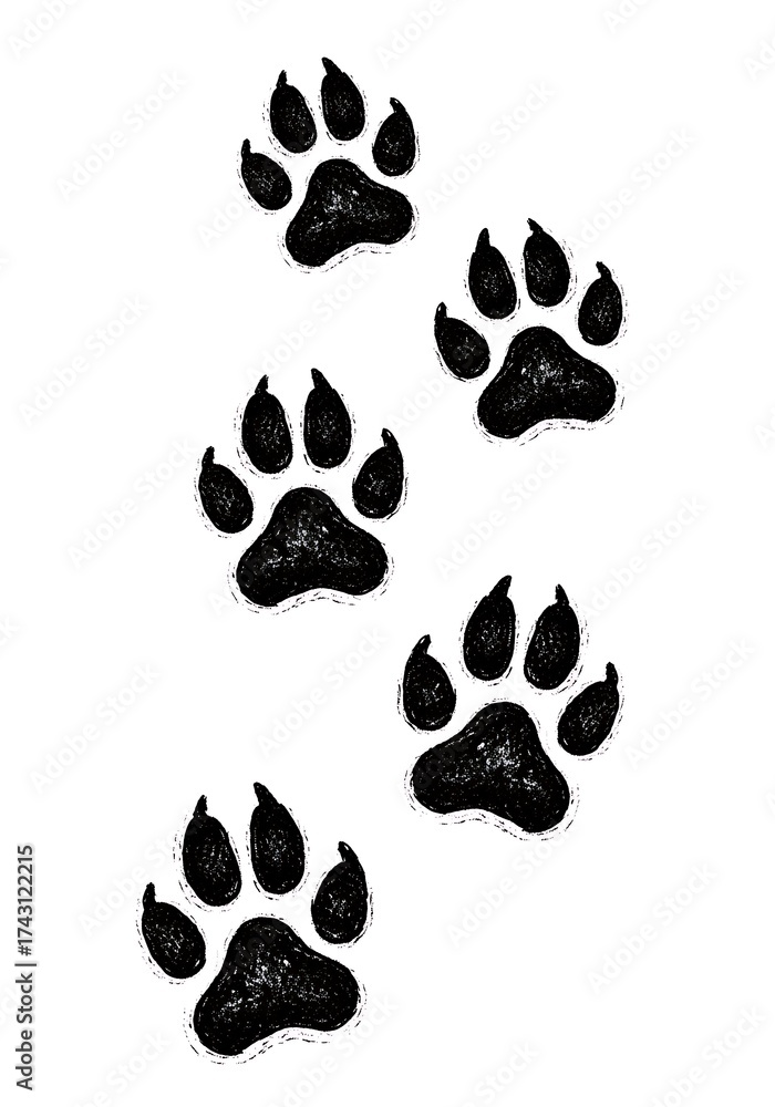 Fototapeta premium Animal Paw Prints, Black and White, Four Prints, Vertical Arrangement.