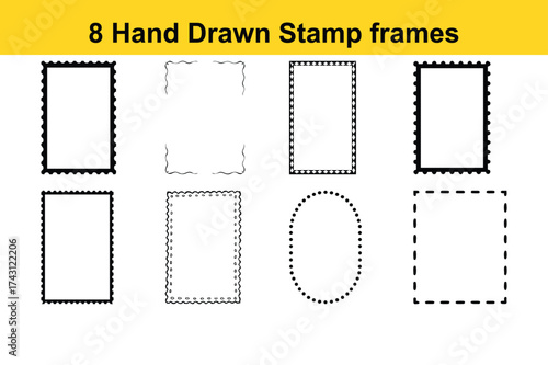 Vector art of eight hand drawn stamp frames