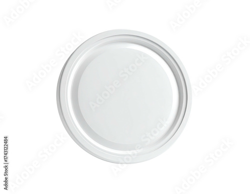 Overhead view of a white, plastic circular lid with a raised lip against black