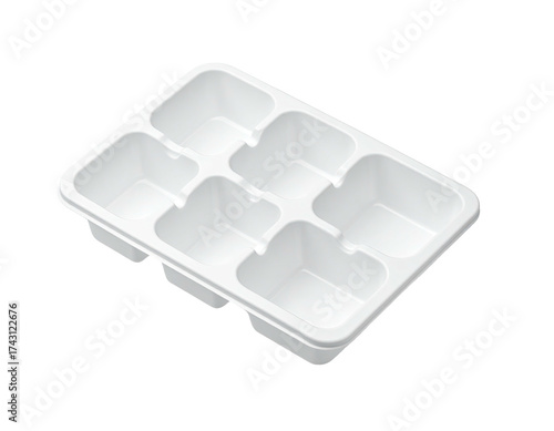 Overhead view of a rectangular, six-compartment, white plastic tray