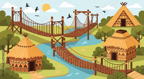 Tropical Village with Thatched Huts and Suspension Bridges over River.