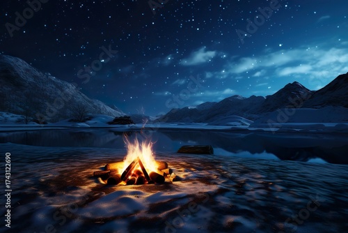 Campfire Under a Starry Winter Night Sky