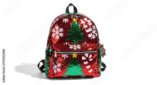 A vibrant sequined backpack featuring red and green colors adorned with white snowflakes and green tree designs topped with yellow stars presented on a white surface