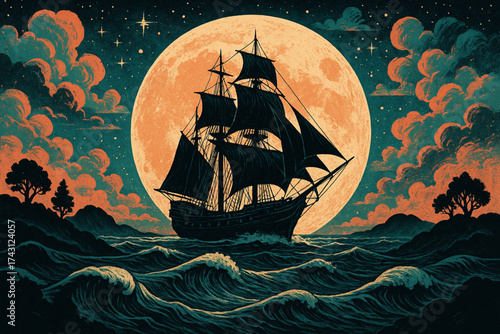 A serene night scene featuring a glowing moon and dark waters