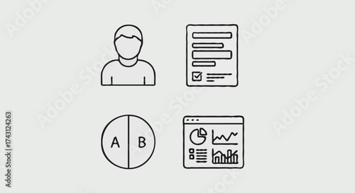 User interface icon vector set with profile, document, A/B test, and analytics graphics
