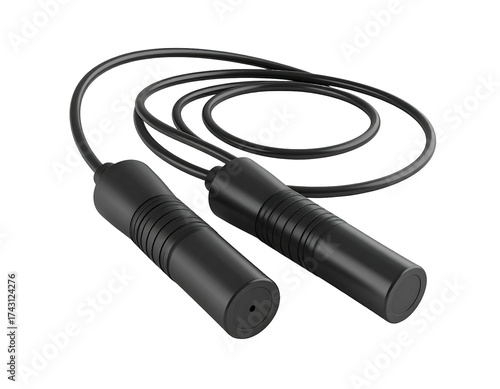 Close-up view of a black jump rope against a dark, solid background