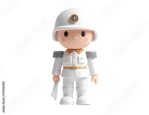 3D-rendered cartoon soldier in crisp white uniform, holding a cloth