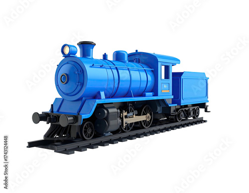 A brightly colored, cartoonish blue steam locomotive on tracks, dark backdrop