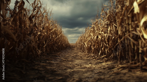 Dark unharvested fields of corn due to drought or economic market situations, such as trade obstacles.