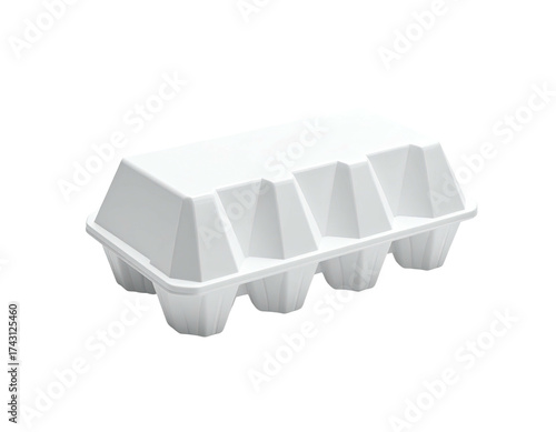 A closed, white, rectangular egg carton with six egg-shaped compartments