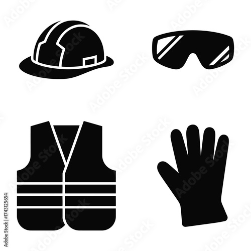 Set of safety equipment icons including hard hat safety glasses vest and gloves