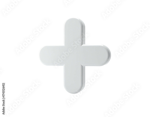 A white, dimensional plus sign floats on a black background