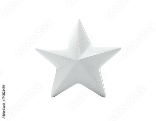 A glossy, five-pointed white star isolated against a black background